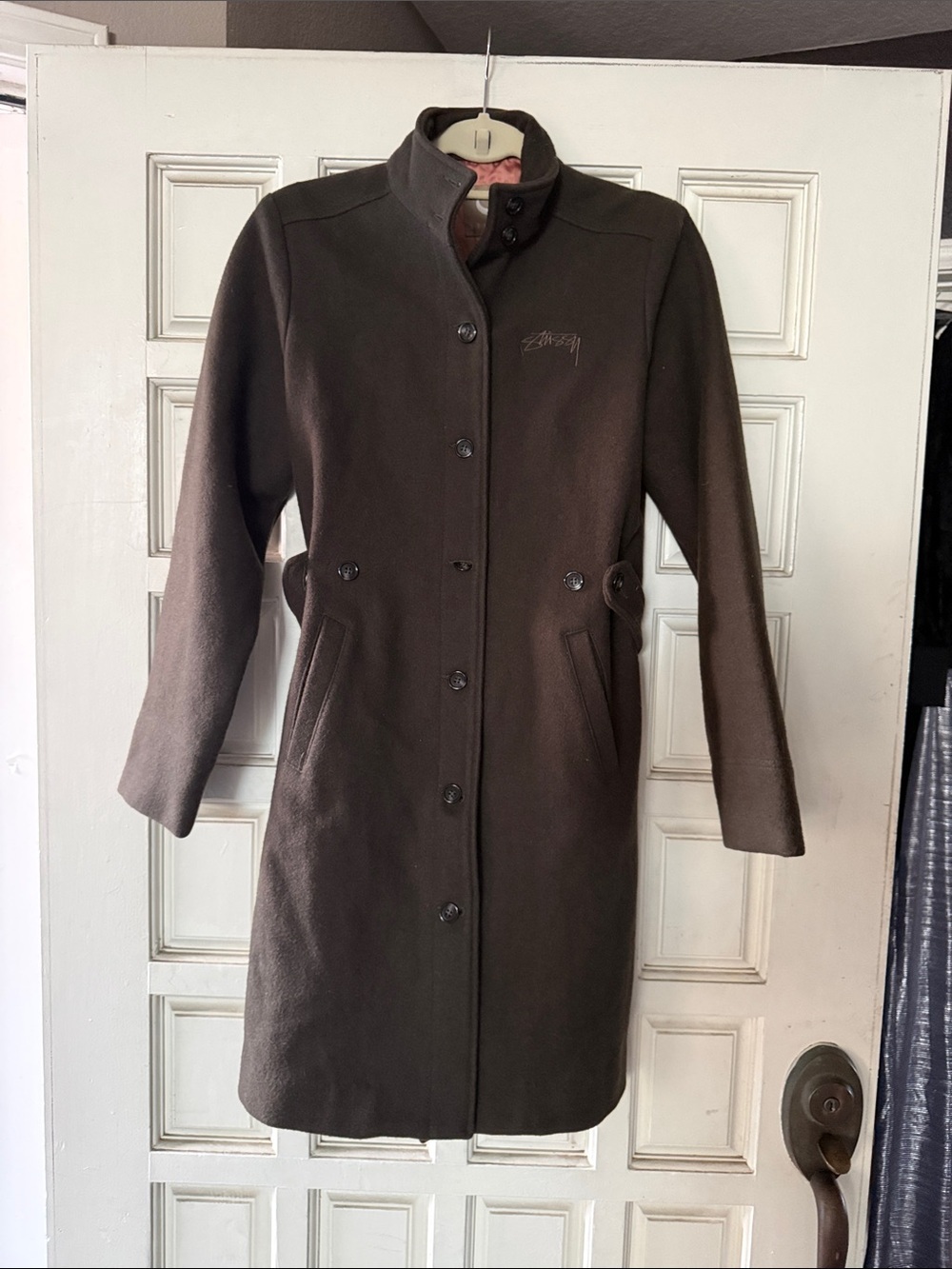 Stüssy Women’s Wool Blend Long Coat Brown High Collar Belted Size Large - Picture 5 of 15